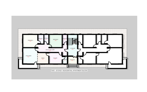 Architectural floor plan for a two-storey residential apartment block with living room and kitchen layouts.
