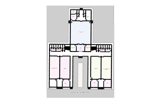 Architectural floor plan diagram of a symmetrical building layout with rooms and hallways.