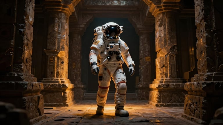 Cinematic digital art, dramatic cybernetic amber lighting, deep shadows, an astronaut exploring an ancient stone temple, ultra-detailed 8k render, 16:9 aspect ratio