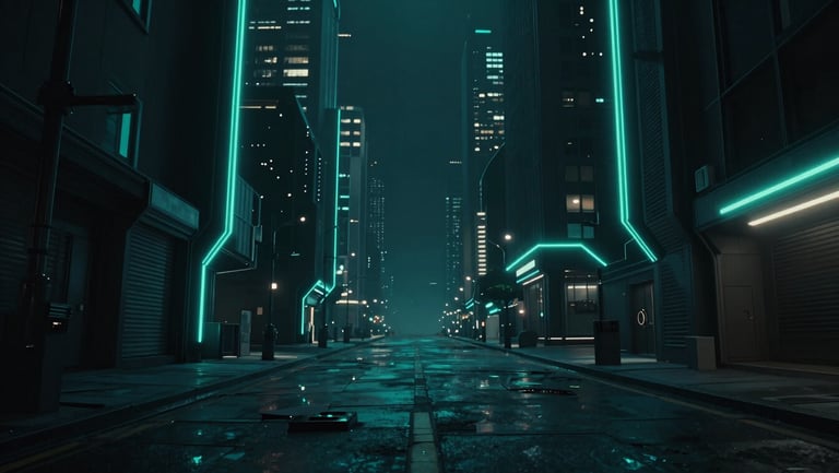 Cinematic digital art, dramatic electric teal edge lighting, deep shadows, a futuristic cybernetic city street at night, ultra-detailed 8k render, 16:9 aspect ratio