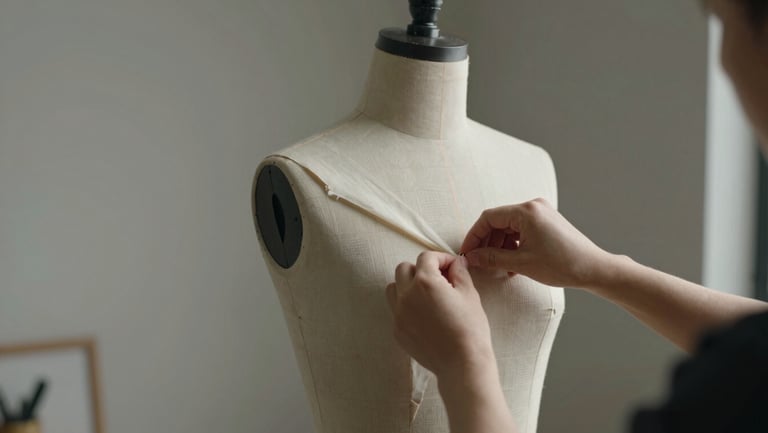Hands pinning a tailored pattern onto a linen-covered dress form in a quiet, architectural studio corner with soft side-lighting.