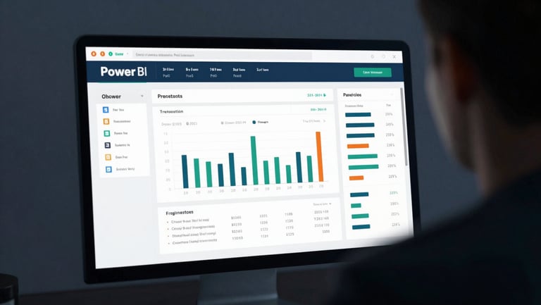 Over-the-shoulder view of an analyst reviewing a clean Power BI dashboard with crisp data visualizations, cool ambient glow