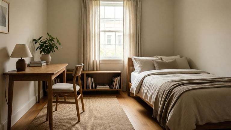 Multipurpose spare room with desk, wooden chair, bed with linen bedding, bookshelf and potted plant