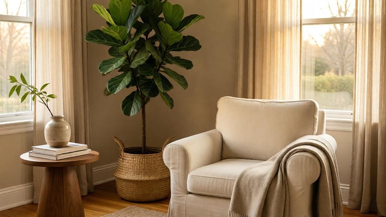 Warm living room corner with tall potted plant in woven basket, cream chair, small wood side table