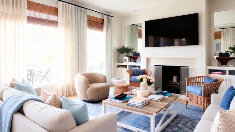 Coastal wicker living room with natural woven furniture, light neutrals, and breezy decor