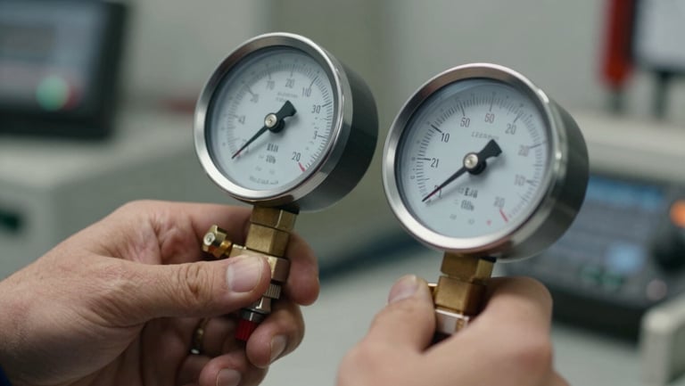 A tight, detailed close-up of a technician's hands using digital manifold gauges displaying precise pressure metrics and temperature readings, lit by clean, high-CRI work lights.