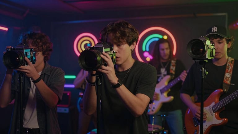 Lo-fi music video still, indie rock band performing with retro cameras, colorful neon overlays, playful and dynamic
