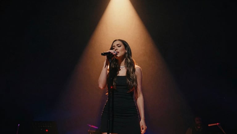 Cinematic music video still of a female singer in a dark room with a single dramatic warm spotlight, artistic composition