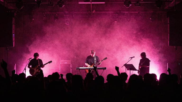 Live concert performance, band surrounded by deep pink neon haze and synthesizers, crowd silhouette, high contrast