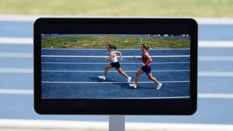 A crisp video playback screen of an active track coaching session, bright natural lighting, sharp focus.