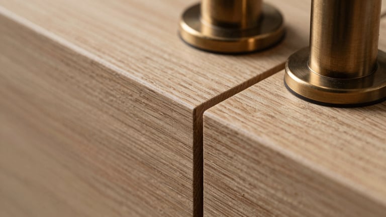 Tactile macro shot of raw premium wood grain meeting brushed bronze fixtures, soft directional lighting