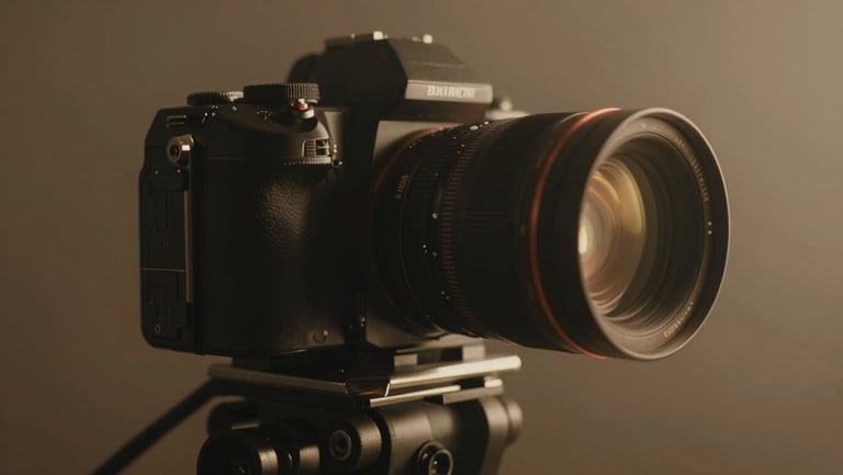 Tight macro detail of a 35mm camera rig in a low-light studio, soft warm haze