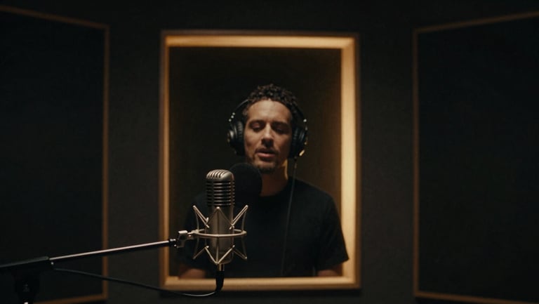 Vocalist in a dark recording booth with a vintage microphone, backlit by soft amber neon