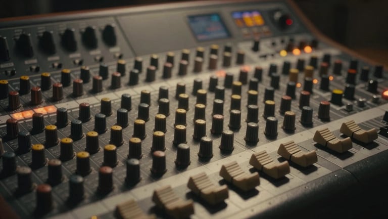 Cinematic close-up of an analog mixing console, warm practical lights, soft haze