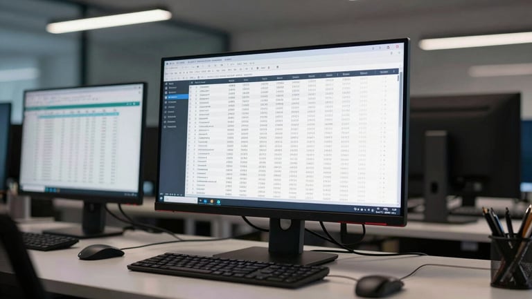 Wide environmental shot of a desk workspace in focus mode, large monitor showing an embedded financial report with rows of figures and a sidebar navigation, second smaller screen with a spreadsheet, cool overhead ambient light, no person visible, clean minimal desk surface