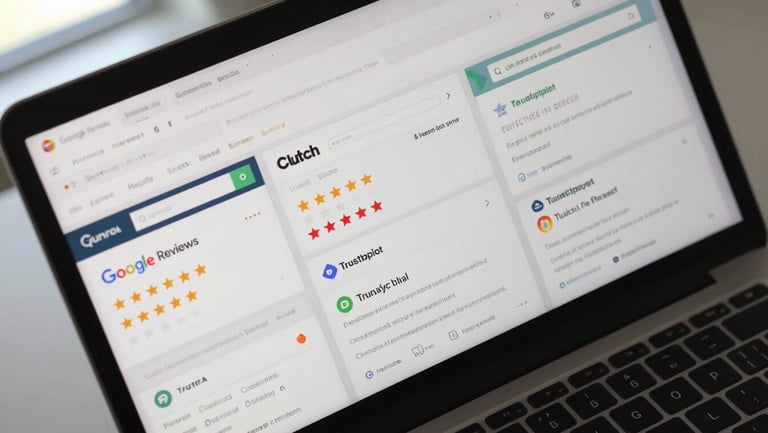 Overhead close-up of a desk surface with three browser tabs open on a laptop screen showing review platform dashboards — Google Reviews, Clutch, and Trustpilot — each displaying star ratings, natural office window light from the upper left, clean matte desk surface visible at edges
