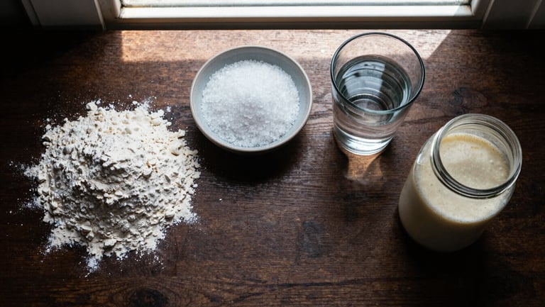Overhead flat lay of four ingredients on a dark wood surface: a small mound of flour, a shallow bowl of coarse salt, a glass of water catching window light, and a jar of sourdough starter — each placed with generous space between them, natural window light from above, film grain, no labels or text