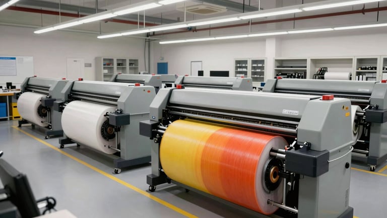 Wide shot of the Ponto Final production workshop in Vila Verde, large-format flatbed printers active, rolls of vibrant vinyl, clean organized industrial space.
