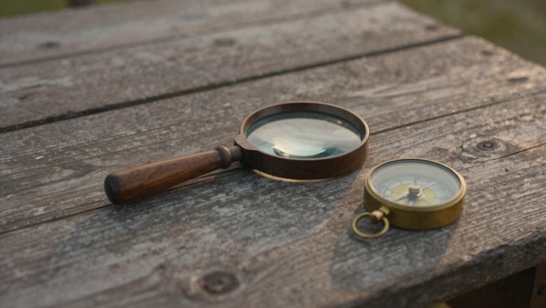 A wooden magnifying glass and a small brass compass resting on a weathered wooden camp table, warm evening light, candid
