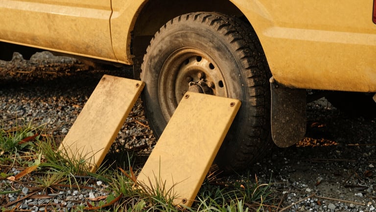 Close-up of heavy-duty yellow caravan leveling ramps wedged under a muddy tire, wet grass and gravel, realistic documentary style
