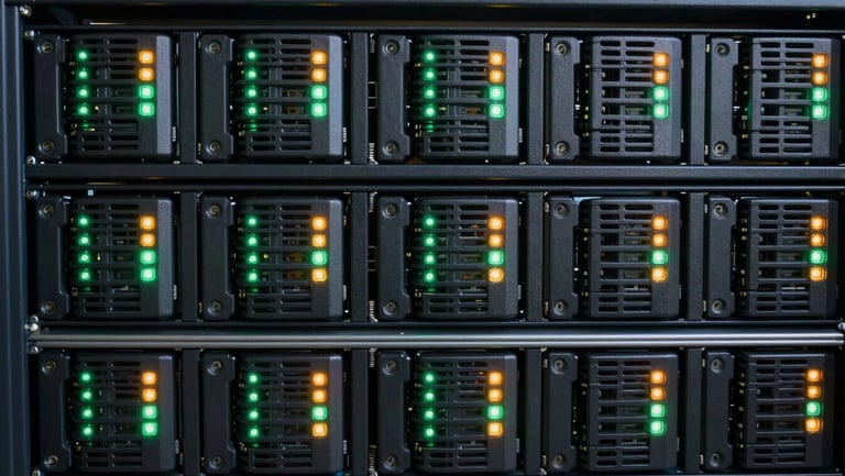 Neat rows of server hard drives with flashing green and amber LED indicators in a dark rack, crisp technical photography, 50mm