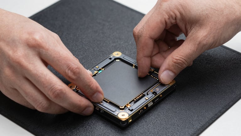 Close-up of hands installing a solid-state drive into a laptop chassis on an anti-static mat, crisp technical photography, 50mm