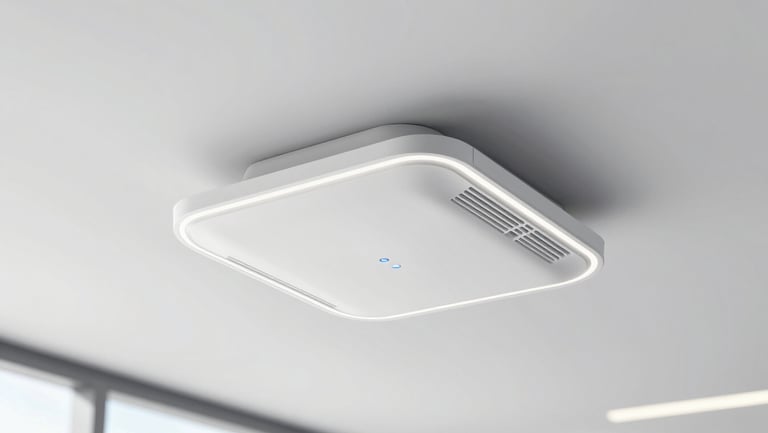A sleek white enterprise Wi-Fi access point mounted neatly on a modern office ceiling, crisp technical photography, 50mm