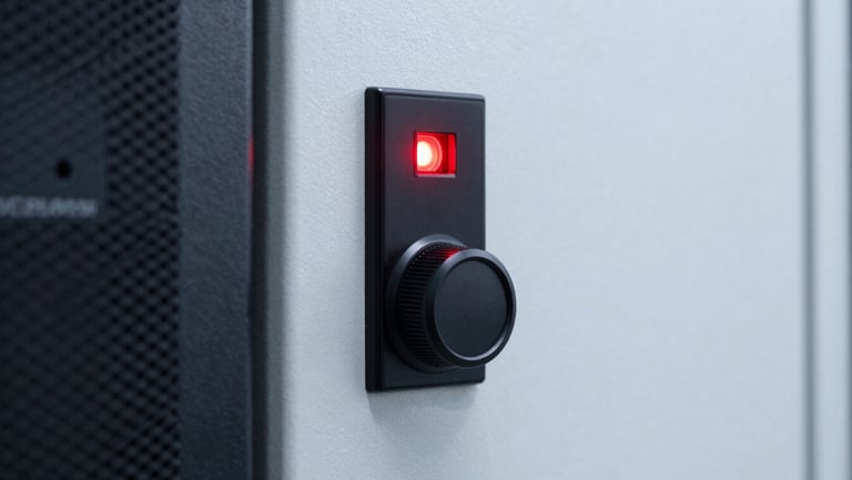A secure server room cabinet lock with a glowing red status indicator light, clean technical photography, high-contrast, 50mm