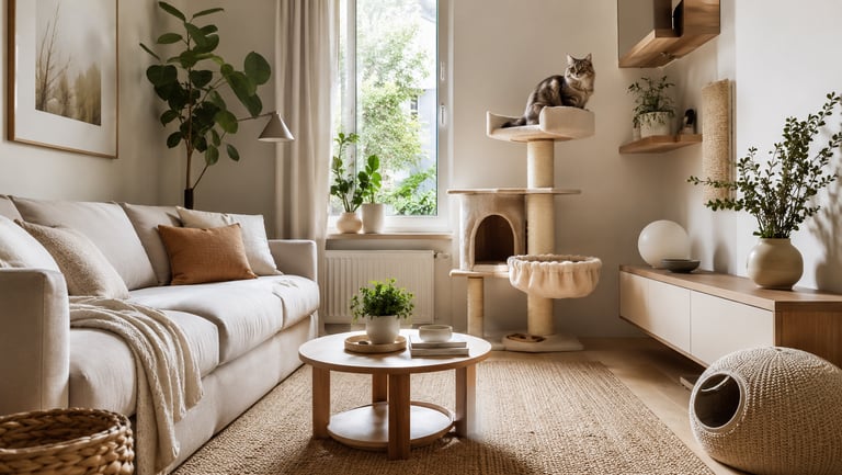 Pet-friendly small living room with a wooden cat tree, cozy sofa, indoor plants and warm natural light.