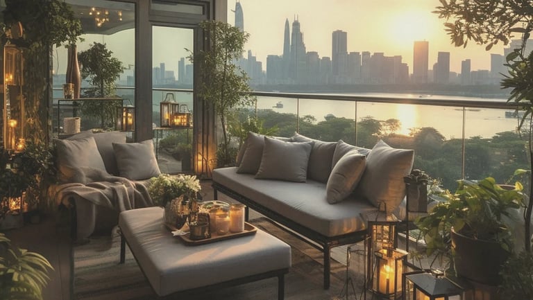 cozy balcony with warm lantern lighting, wooden furniture, and sunset city views for relaxing outdoor living