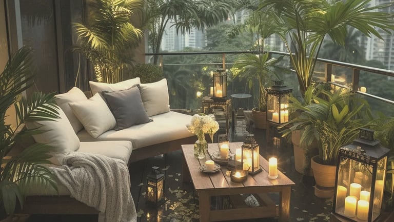warm outdoor balcony seating area with candles, plants, and comfortable cushions during sunset
