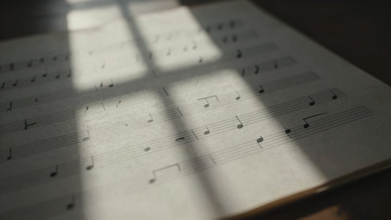 Close-up of handwritten musical notation on aged manuscript paper, soft natural window light, deep shadows, shallow depth of field.
