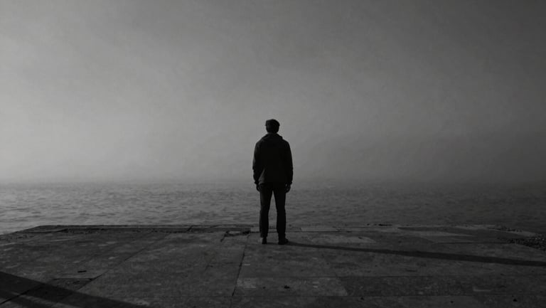Moody cinematic still of a solitary figure standing on a misty Lisbon pier, desaturated monochrome tones, high-contrast chiaroscuro lighting, 35mm film grain.