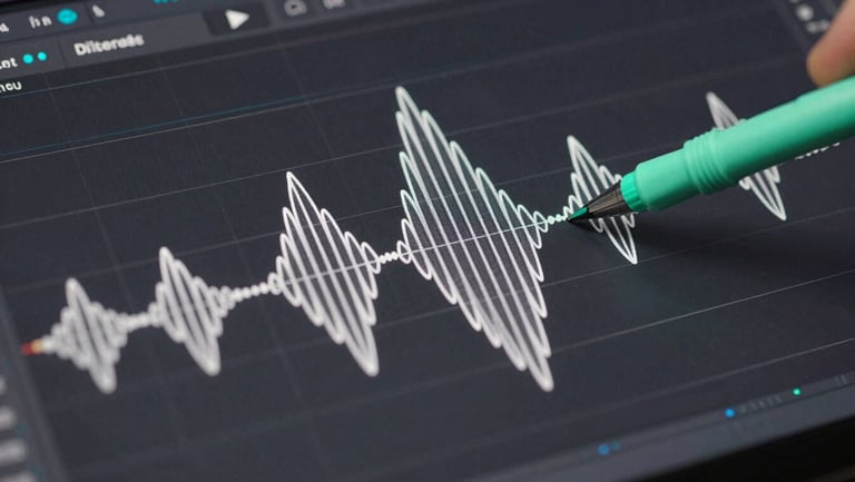 High-fidelity technical diagram of a sinusoidal haptic wave, crisp white lines on deep charcoal, cyber-mint green accent markers, mimicking developer IDE tools.