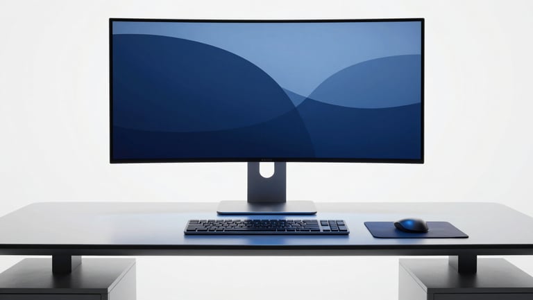 A high-end modern workspace with clean studio lighting, subtle electric blue ambient light reflections on a polished desk, minimalist tech-editorial aesthetic.