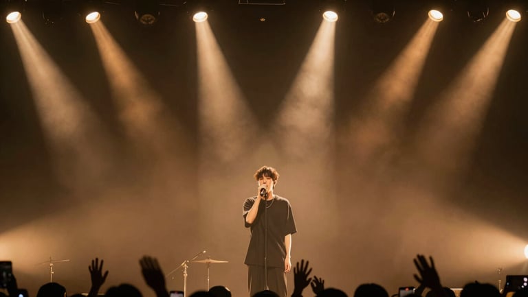 Cinematic wide frame of a live performance: musician at a microphone bathed in warm amber spotlights, deep stage shadow behind, audience silhouettes barely visible at the bottom edge — concert photography, atmospheric, no promotional text
