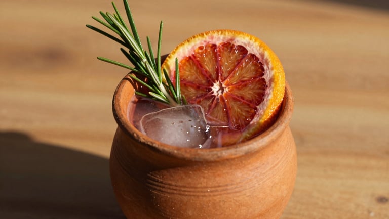 Vibrant drink photography of a mezcal cocktail in a custom clay cup, garnished with a slice of blood orange and a sprig of rosemary, warm golden-hour lighting, rich textures, shallow depth of field