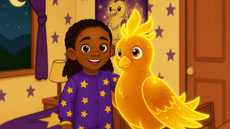 A smiling girl in star pajamas stands with a glowing yellow bird in a starry bedroom.