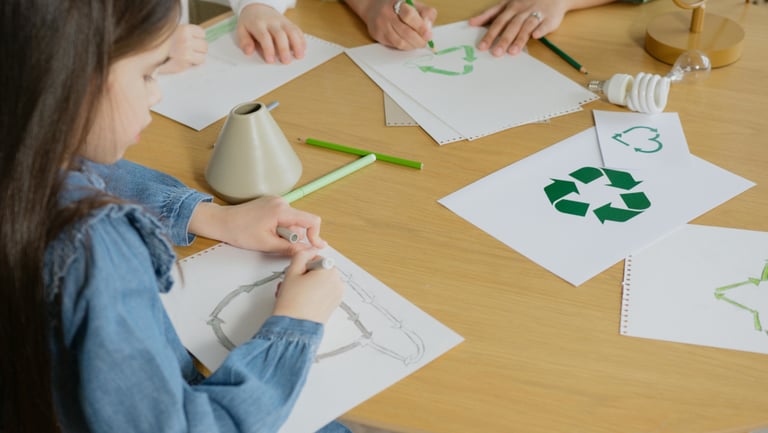 school children sitting at a table drawing recycling symbols in green pencil.