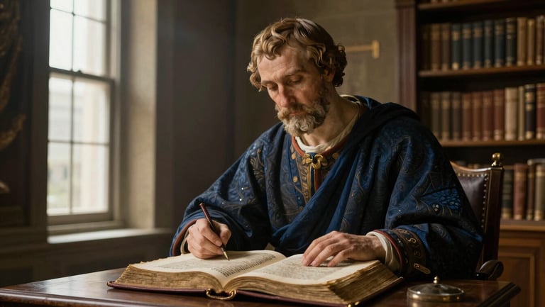 An ancient painting of Saint Augustine studying a manuscript, warm chiaroscuro lighting, classical theological library setting