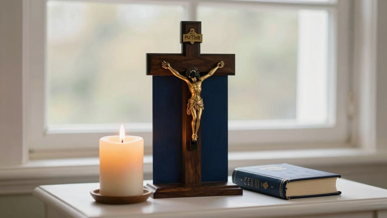 A serene home altar with a crucifix, a burning beeswax candle, and a small prayer book, soft natural light, warm atmosphere