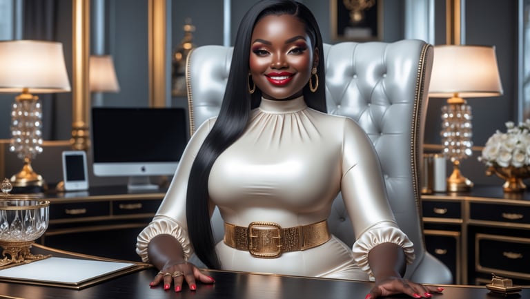 Stella an AI Black woman in a white dress sitting at a desk