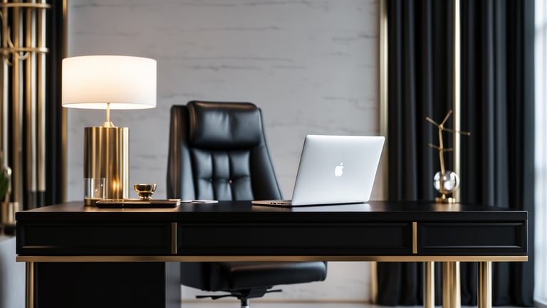 a desk with a laptop and a lamp