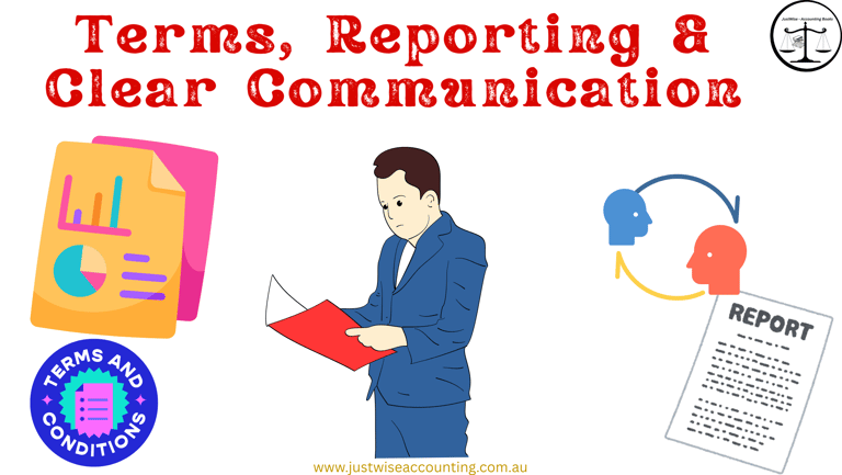 A man in a blue suit holds a red folder, surrounded by icons representing terms, reporting, and clea