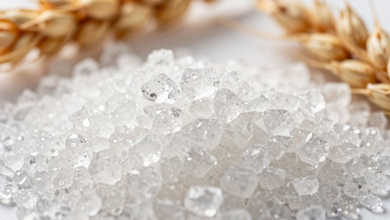 Macro close-up of raw sugar crystals and golden wheat grains, sharp focus, clean technical lighting.