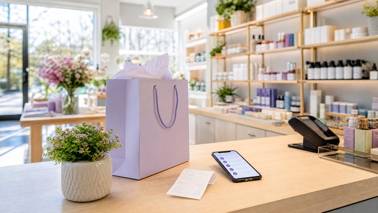 Bright local retail shopping experience with checkout counter, bag, receipt, and phone checklist