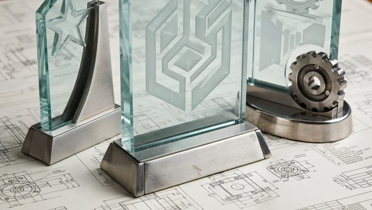 Macro shot of etched glass awards on a technical blueprint background, clean neutral daylight, high-contrast metallic textures, crisp focus.