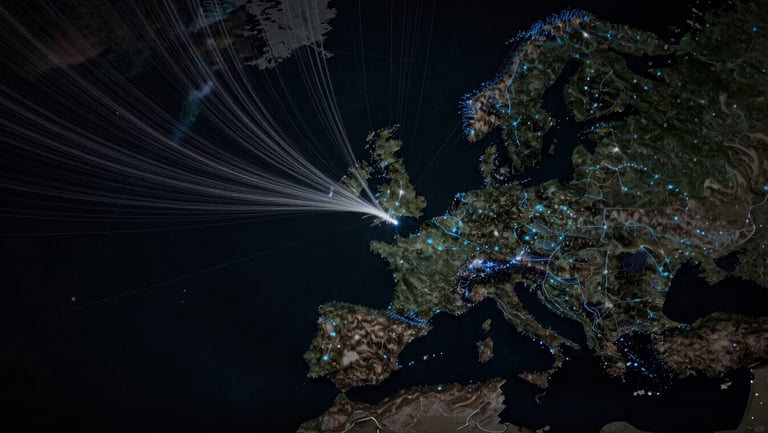 Overhead wide-angle map view of fiber route lines tracing across a dark topographic surface connecting North America to Europe, cool blue accent lines on a near-black background, no text or labels visible, minimal and technical