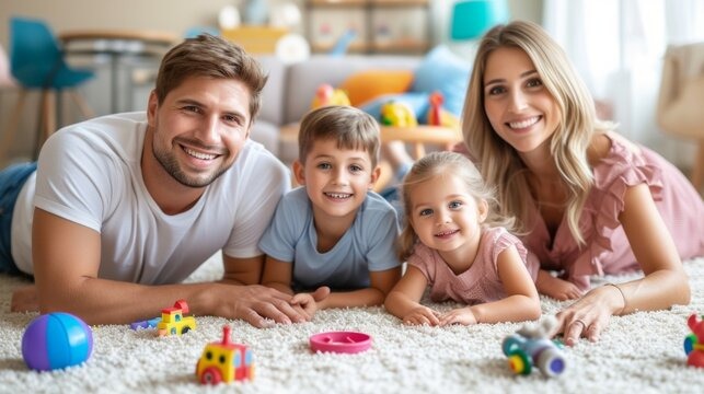 imagem de uma família tradicional com seus filhos, um casal menino e menina felizes