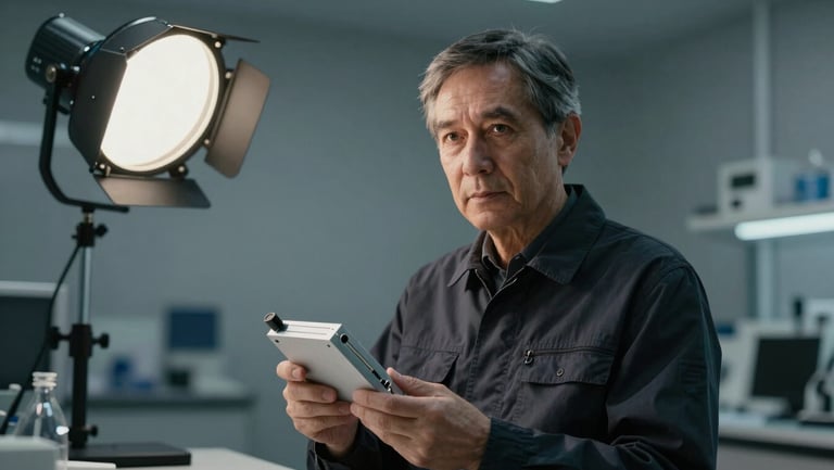 Minimalist portrait of the founder in a clean R&D lab, wearing a dark technical jacket, holding a sleek aluminum safety device, cool dramatic studio lighting
